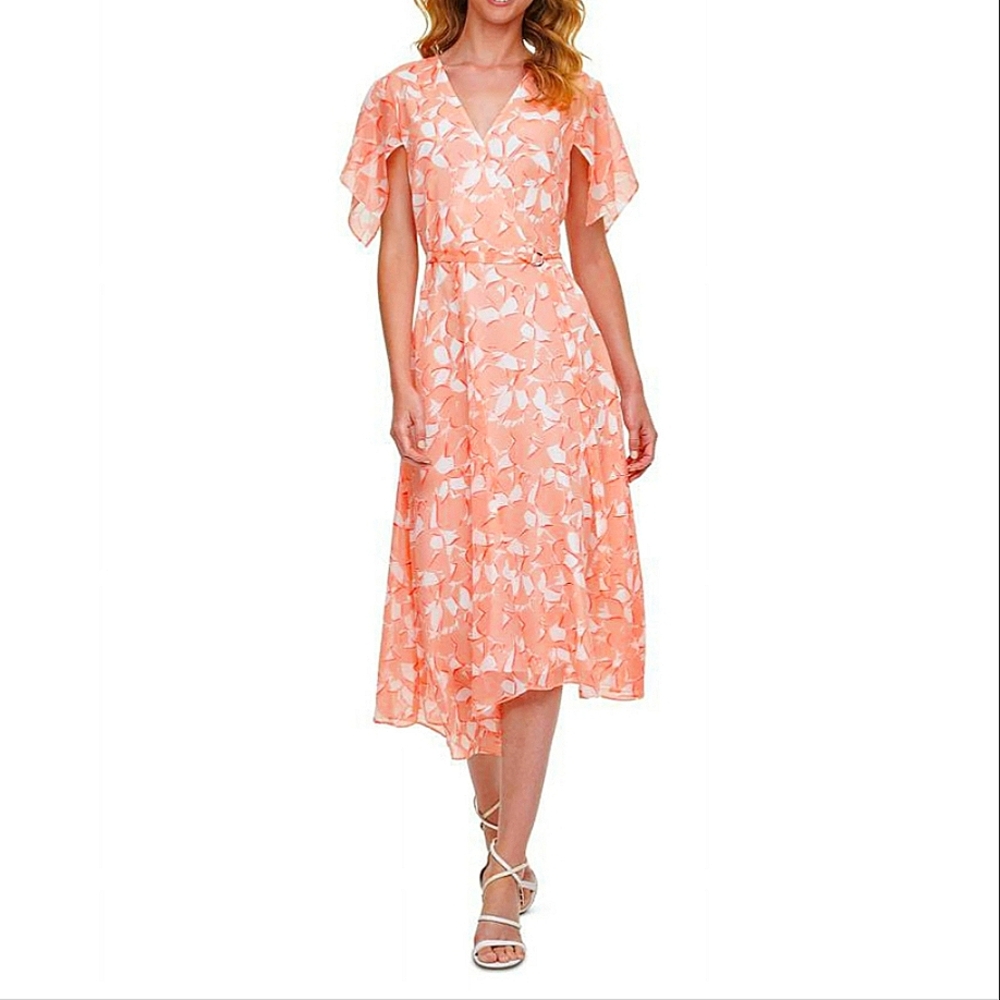 DKNY NWT Flutter Sleeve Faux Wrap Midi Dress Cream Orange Floral size 2